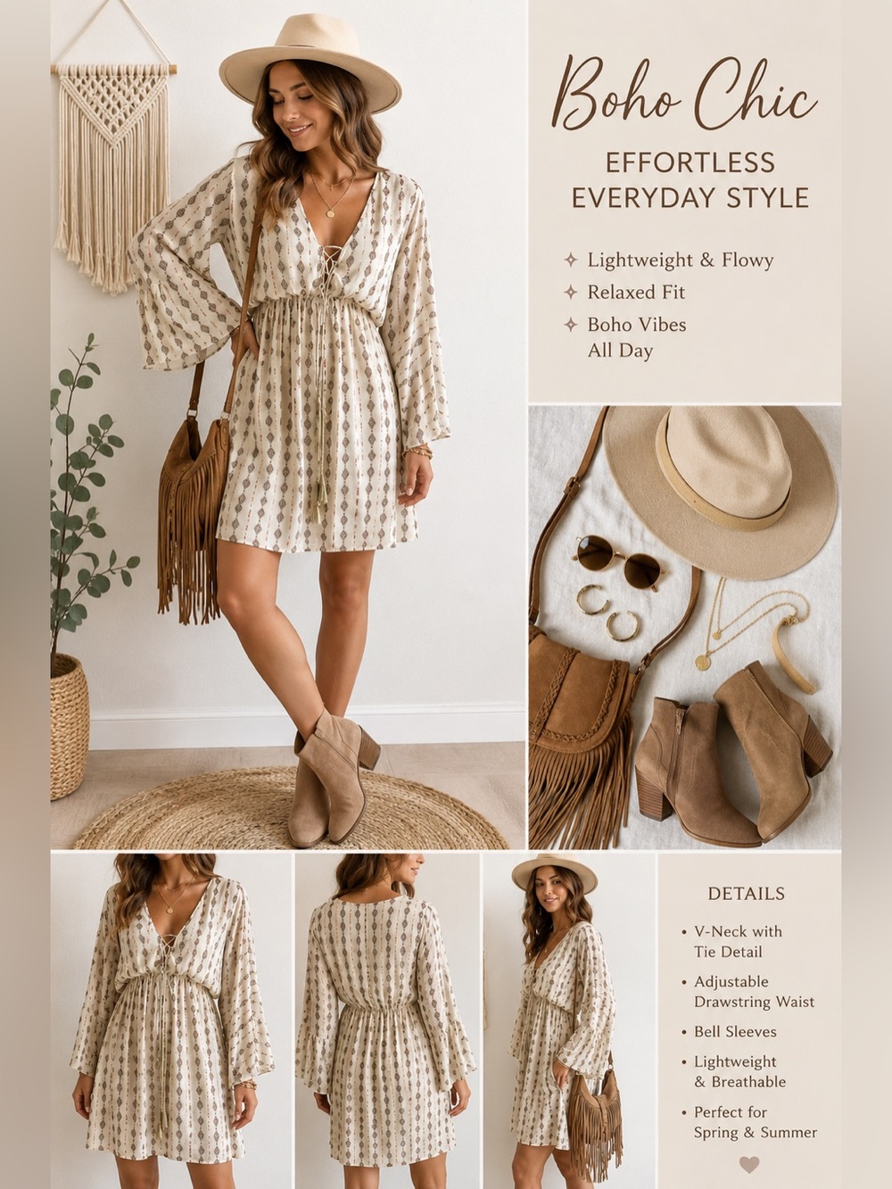 Miss Me Cream Mini Dress with Brown Striped Geo Print and Lace-Up Front